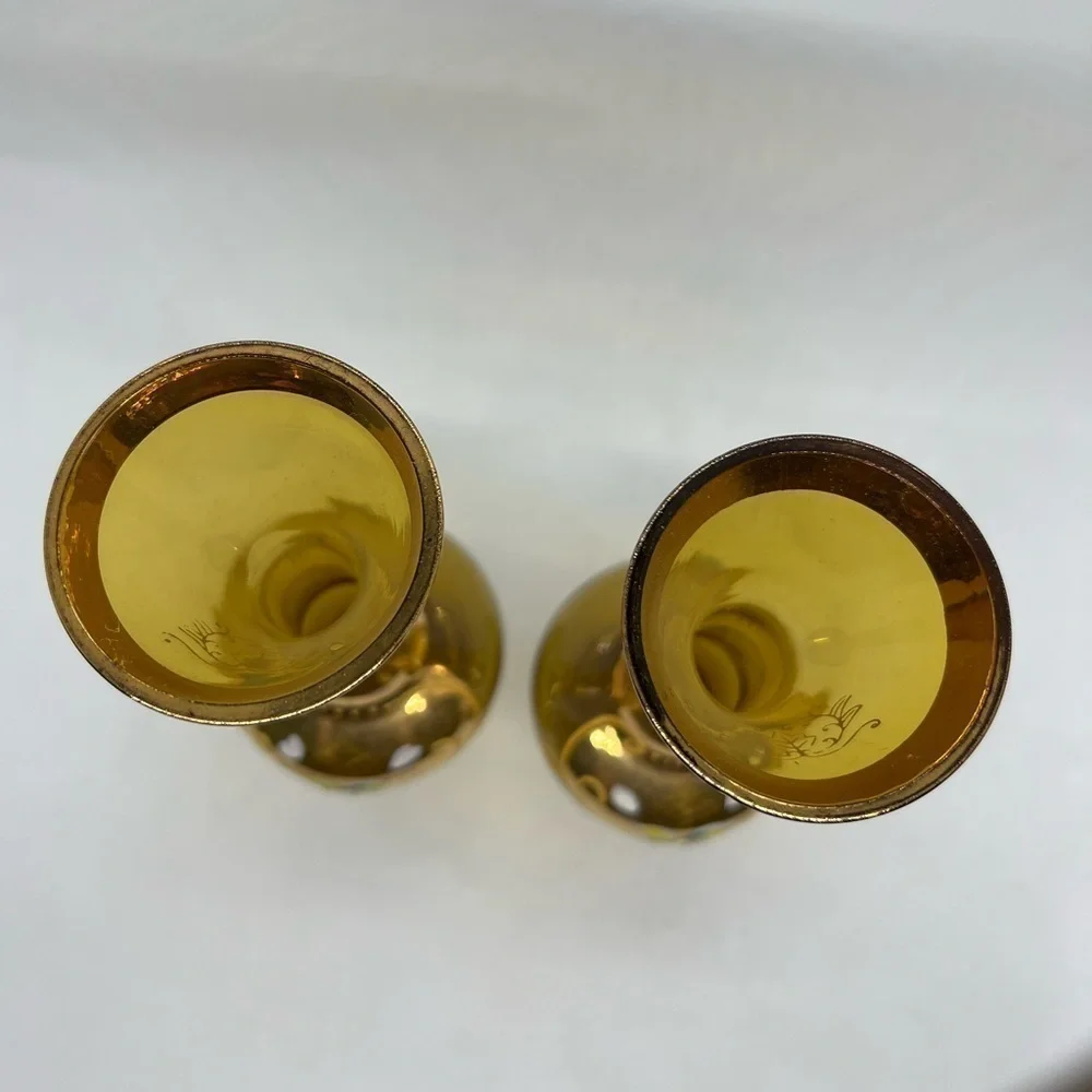 Pair of Vintage Norleans Japan Amber Vases Hand Painted Flowers and Gold Accents